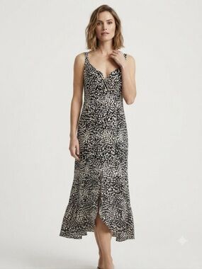 NWT Salwater Luxe Black White Abstract Spot V-Neck Slit Midi Dress Womens XS